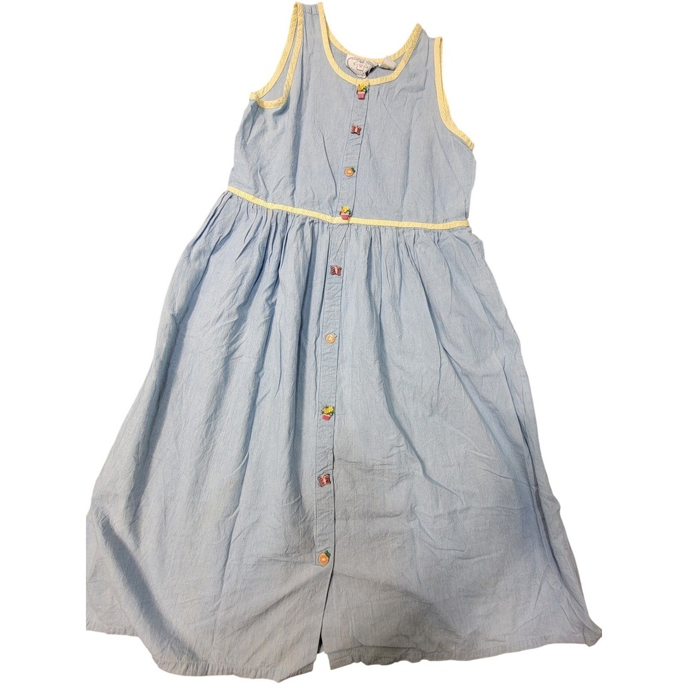 Vintage Eagle's Eye Blue Chambray Dress Yellow Gingham Trim Novelty Button Med - Picture 1 of 6